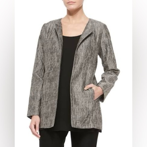 Eileen Fisher Rye Mirage Crinkle Jacquard Cotton Silk Long Jacket | size Small - Picture 8 of 8